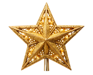 A golden star christmas tree topper sparkles against a transparent background, adding a touch of elegance and festive cheer to the holiday season isolated on transparent background