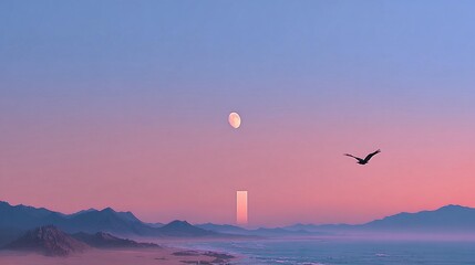 Pastel sunrise over beach and mountains