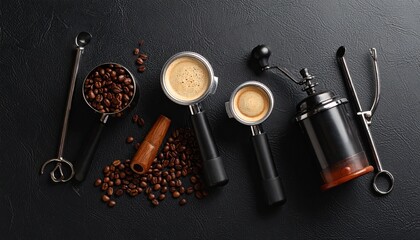 The Art of Coffee:  An overhead shot captures the essence of coffee-making, arranging tools and beans, for a rich visual exploration of flavors.