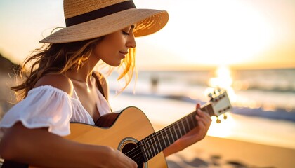Woman playing guitar on beach at sunset