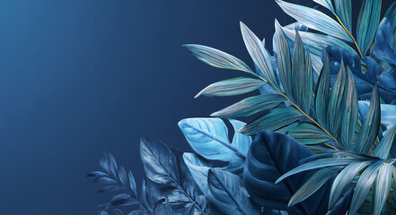 Blue tropical leaves with open space on blue background, 3d rendering wallpaper. Plant background in blue tones