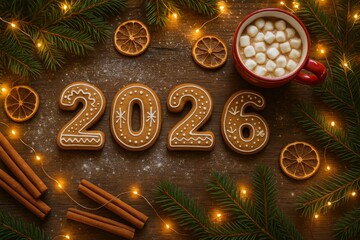 Gingerbread cookies shaped 2026, cinnamon sticks, dried orange slices, and mug of Christmas chocolate with marshmallows