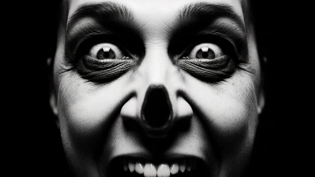 A terrifying and distorted face evokes horror, fear, and the feeling of a spooky nightmare in black and white