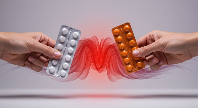 Side-by-side hands holding silver blister pack of white tablets and orange pill strip over abstract red waveform – comparison visuals