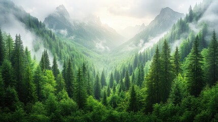 Misty sunrise over foggy mountain valley with coniferous forest