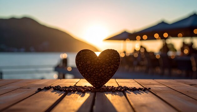 Love's Sunset Embrace: A heart-shaped object, filled with intricate texture, sits serenely atop a wooden surface, kissed by the warm light of a breathtaking sunset. A captivating tableau.