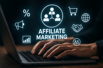 Hands on keyboard with glowing affiliate marketing network connections cart bar graph percentage and megaphone symbol