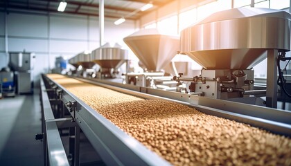 Automated Food Production: A modern food processing plant features rows of stainless steel machinery and a conveyor belt filled with dried chickpeas, exemplifying efficiency and automation.