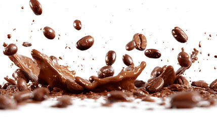 A chocolatey brown liquid with coffee beans floating in it