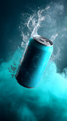 Cool Refreshment: A vibrant and dynamic photo of a sleek, icy-cold beverage can immersed in a splash of water. The can, beads of condensation glistening against the surrounding azure hues.