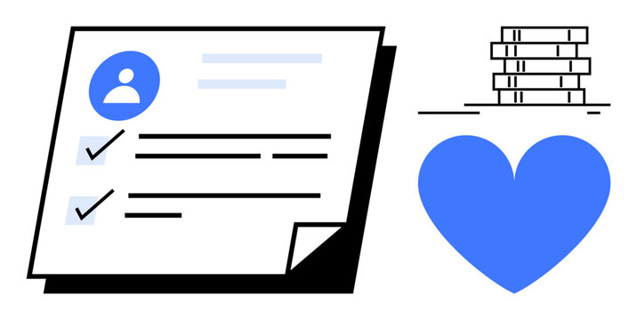 User profile form with checklist, blue stacked books, and heart shape. Ideal for profile creation, task management, education, organization, productivity, preferences simple landing page