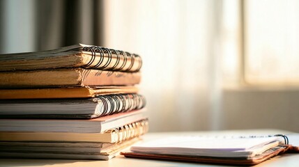 Stack of vintage notebooks by window
