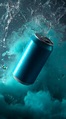 Aqua Splash Can: A vibrant teal aluminum can plunges into a swirling, turquoise liquid, creating a dynamic splash and captivating visual effect.