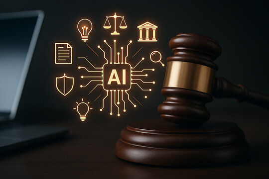 Legal gavel beside ai justice system interface with law scales court government shield ideas and lightbulb icons for digital governance