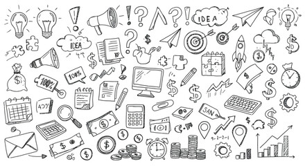 A comprehensive doodle art showcasing various business and financerelated elements isolated on white background, symbolizing ideas and strategies