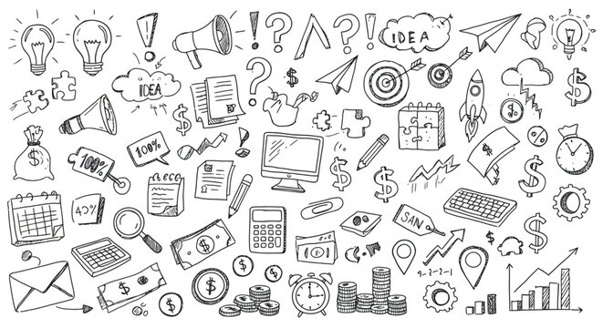 A comprehensive doodle art showcasing various business and financerelated elements isolated on white background, symbolizing ideas and strategies