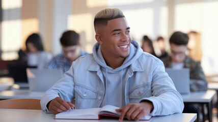 Obraz premium Smiling Student in Modern Classroom Focused on Learning with Positive Outlook