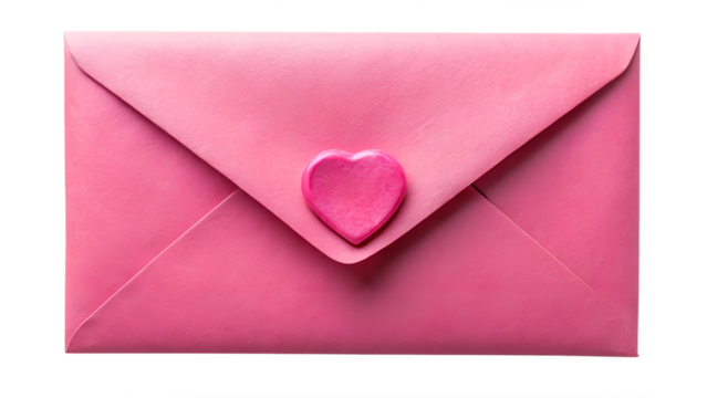 A pink envelope with a heart seal is isolated on transparent background