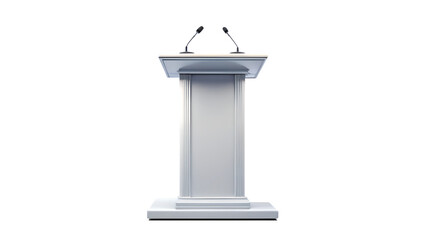 A clean, white podium with two microphones stands ready for a speech, isolated on transparent background