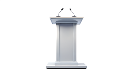 A clean, white podium with two microphones stands ready for a speech, isolated on transparent background