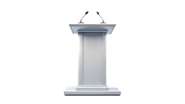 A clean, white podium with two microphones stands ready for a speech, isolated on transparent background - Powered by Adobe