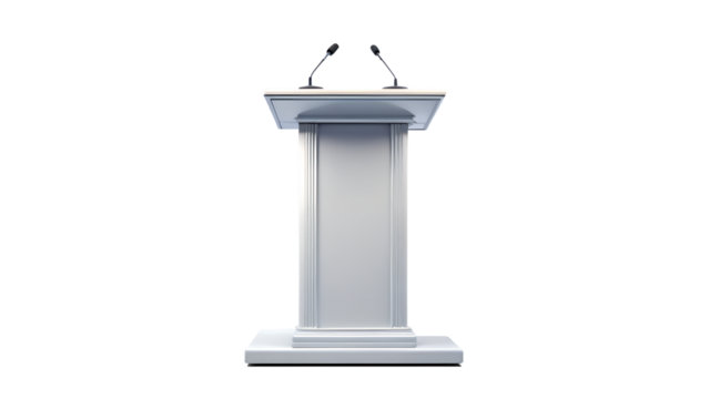 A clean, white podium with two microphones stands ready for a speech, isolated on transparent background