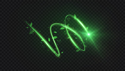 Vector green light trail with leaves and magical glow on dark background. Ideal for nature, fantasy and ecology projects.