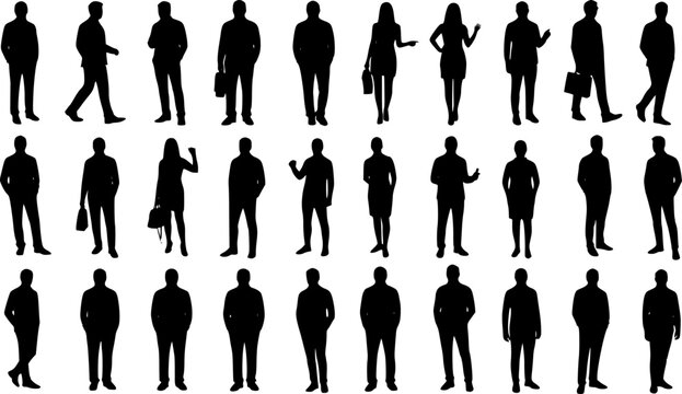 Vector silhouettes men and women, illustration. Silhouettes of young people posing in casual clothes. EPS 10 version.