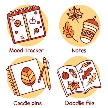 Illustration showing mood tracker, notes, caddle pins, and doodle file with autumn themed drawings inside