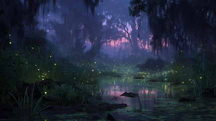 Fantasy illustration depicting a mystical swamp illuminated by glowing plants and magical fireflies, creating a dreamy atmosphere. Ideal backdrop for fantasy games, storytelling, animations