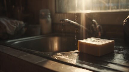 Sunlight bathes soap by kitchen sink