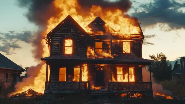 A burning house with flames engulfing it and smoke rising into the sky, captured at sunset with a dramatic backdrop of dark clouds.