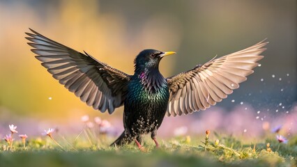 Obraz premium Flying Common Starling Bird Flying with Spread Wings and Colorful Blurred Background