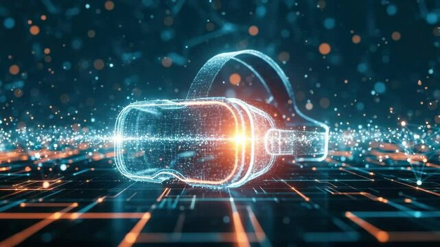 glowing virtual reality headset sits on a dynamic digital network, for immersive technology, the metaverse, futuristic gaming, and the evolution of digital experiences