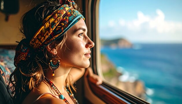 Woman gazing at ocean view from vehicle window - Powered by Adobe