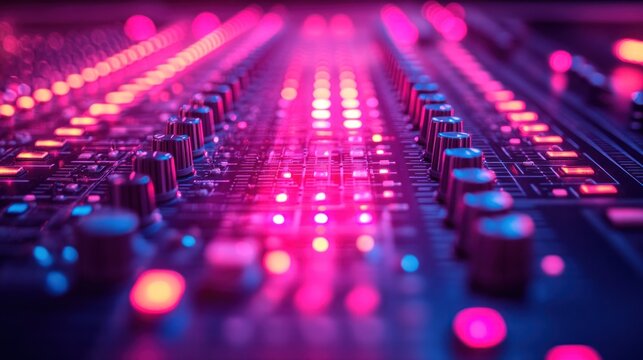 Mixing Board in Studio with Colorful Lights