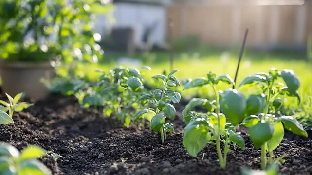 Young basil plants growing in a garden bed