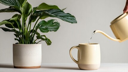 Watering houseplant with ceramic pot