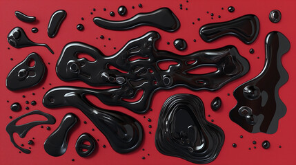 Set of black abstract shapes covered with texture. Collection of amorphous drops of various irregular shapes on a red isolated background. Graphic elements for your design 


