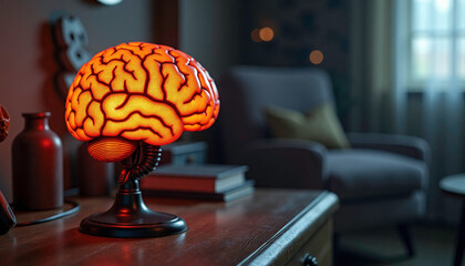 Creative brain-shaped lamp illuminating a cozy living room with soft lighting 
