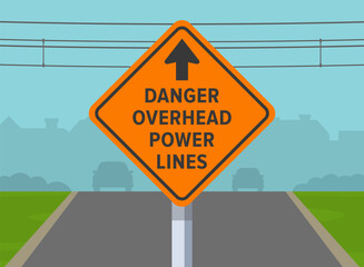 Traffic regulation rules and driving tips. Close-up of United States "overhead power lines" warning sign on a residential area road background. Flat vector illustration template.