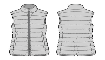 Stylish Puffer Vest CAD Drawing, Flat Vector Illustration, Front and Back View, Sleeveless Winter Garment Design, Fashion Technical Sketch
