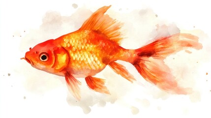 Watercolor goldfish, orange scales,  water splatter
