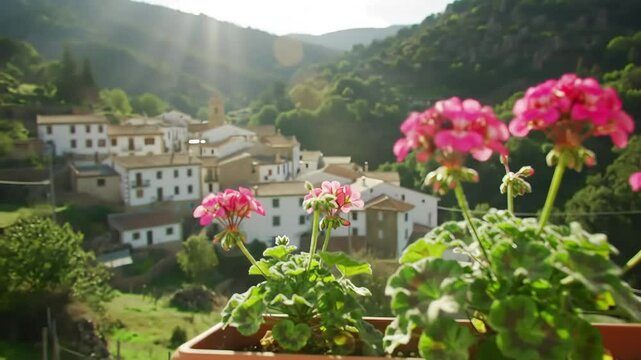Pink geraniums in a planter, overlooking a village nestled in a valley