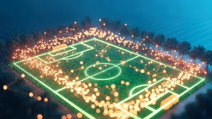 glowing digital football field, surrounded by trees and a network of lights, symbolizes virtual sports, e-sports, data analytics in sports, and futuristic entertainment - Powered by Adobe