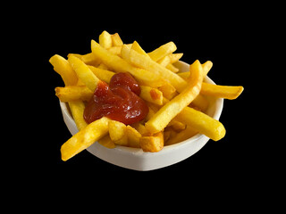 Crispy golden fries served with a generous portion of ketchup in a simple bowl against a dark...