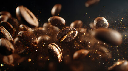 Coffee Beans in Motion: Roasted coffee beans suspended mid-air, showcasing their rich, dark brown color and intricate details. The beans are scattered against a dark background.