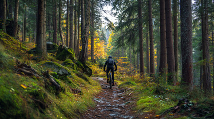 Cyclist Riding Through Forest Trail - Sustainable Fitness Travel 