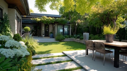 A serene outdoor dining area surrounded by lush greenery, perfect for enjoying meals in a tranquil setting.