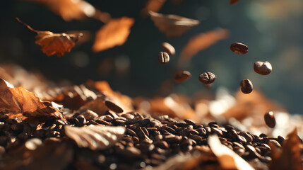 Falling Coffee Beans and Autumn Leaves: An artistic image showcases coffee beans gracefully cascading amidst a bed of fallen leaves.